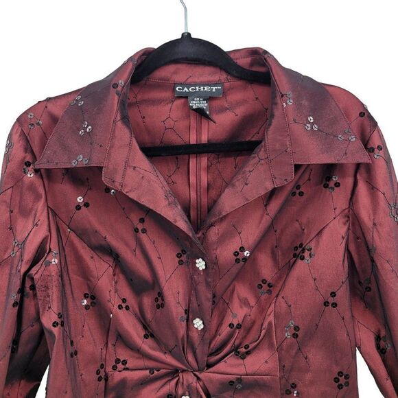 Vintage 90s Cachet Blouse 14 Oxblood Sequin Embroidered Rhinestone Buttons Glam - Picture 5 of 10